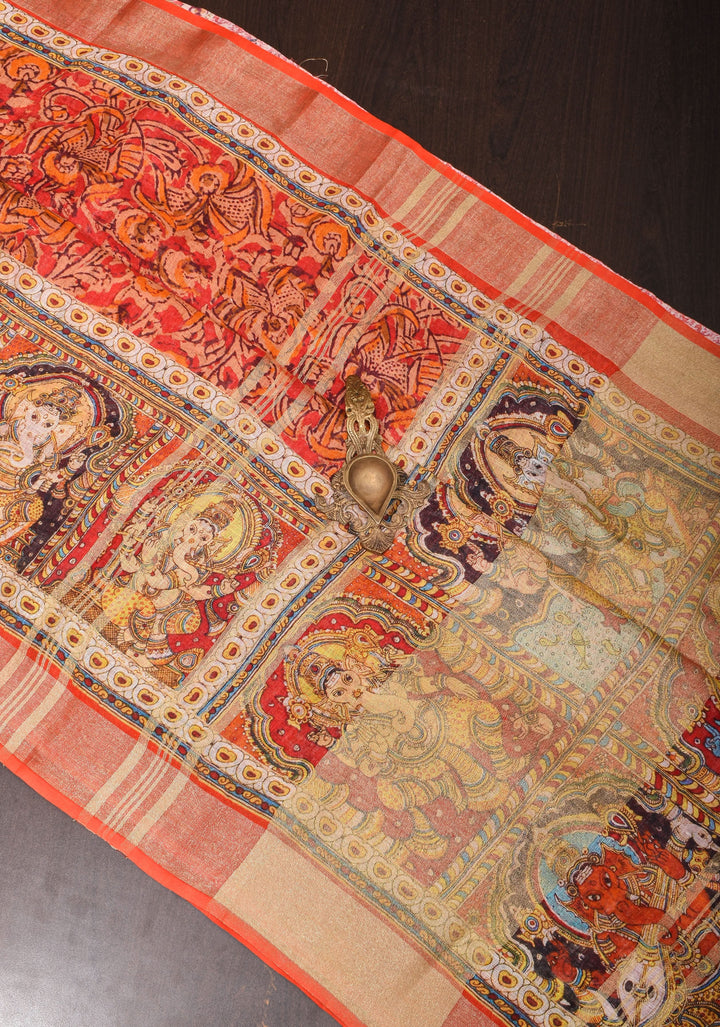 Orange Silk Linen Saree with Lord Ganesha Kalamkari Digital Print