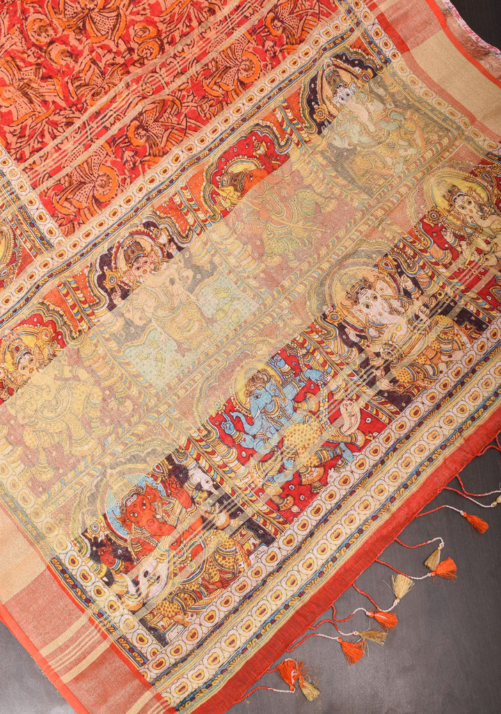Orange Silk Linen Saree with Lord Ganesha Kalamkari Digital Print