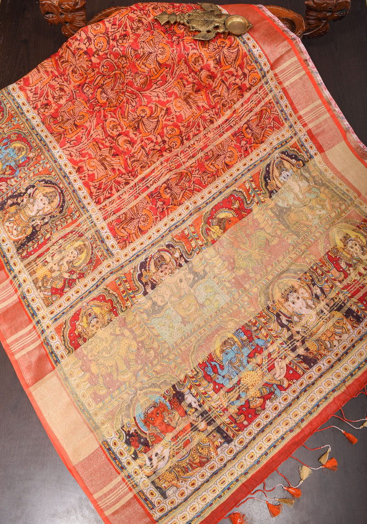 Orange Silk Linen Saree with Lord Ganesha Kalamkari Digital Print