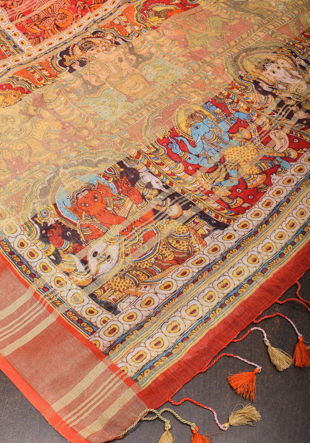 Orange Silk Linen Saree with Lord Ganesha Kalamkari Digital Print