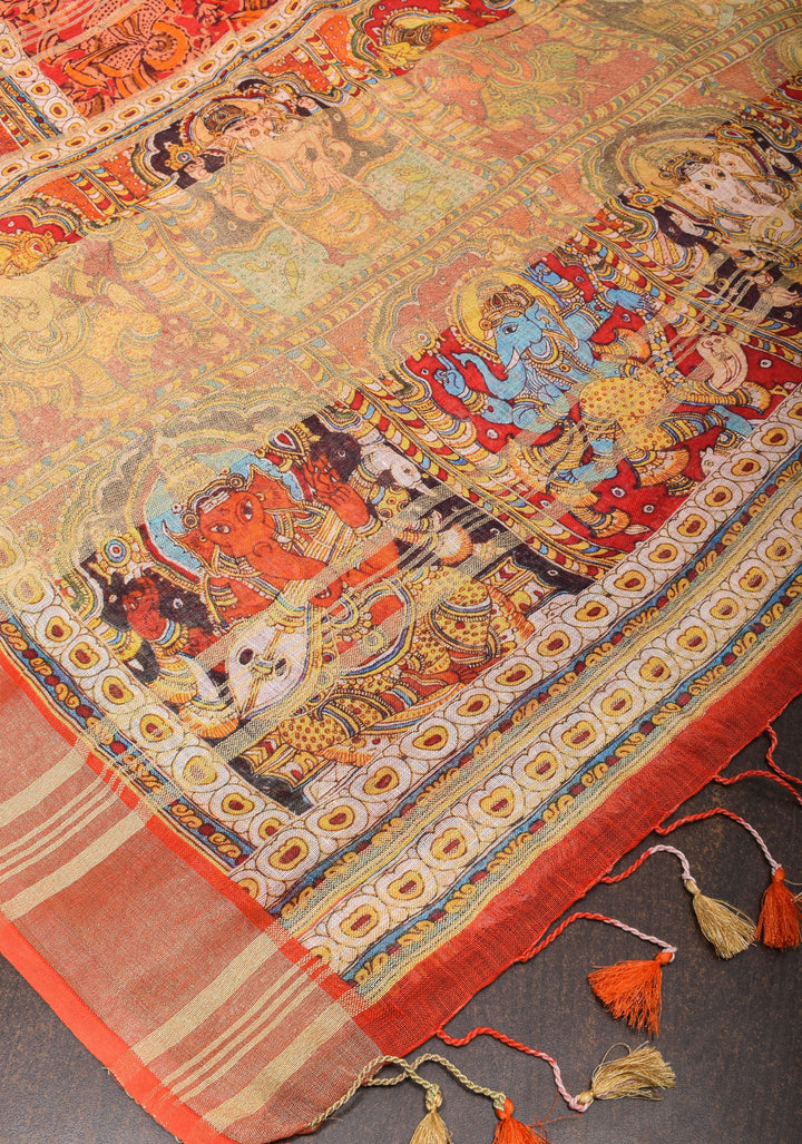 Orange Silk Linen Saree with Lord Ganesha Kalamkari Digital Print