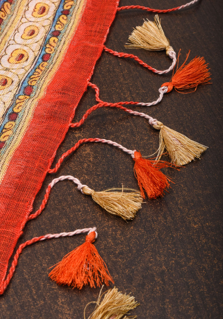 Orange Silk Linen Saree with Lord Ganesha Kalamkari Digital Print