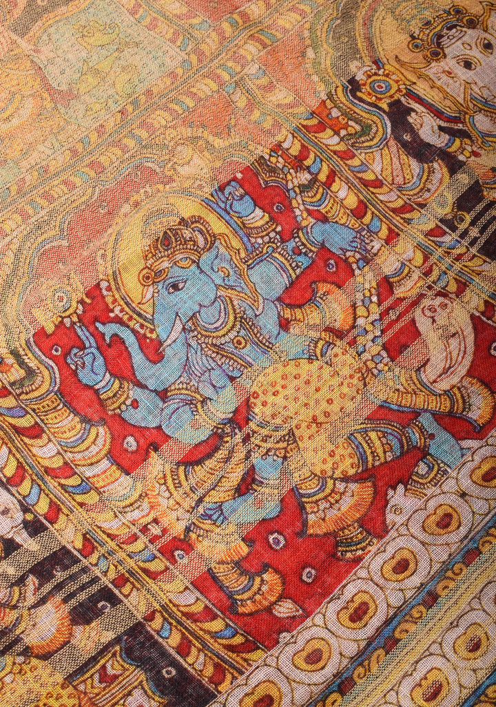 Orange Silk Linen Saree with Lord Ganesha Kalamkari Digital Print