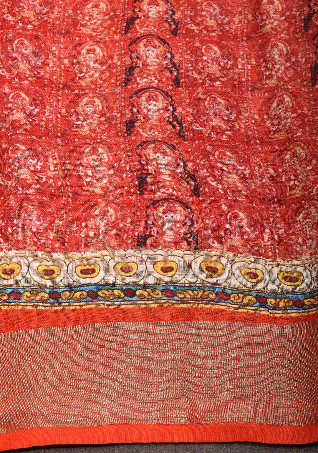 Orange Silk Linen Saree with Lord Ganesha Kalamkari Digital Print