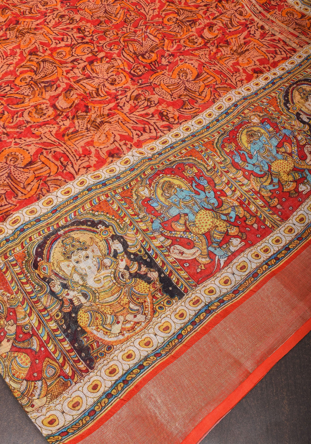 Orange Silk Linen Saree with Lord Ganesha Kalamkari Digital Print