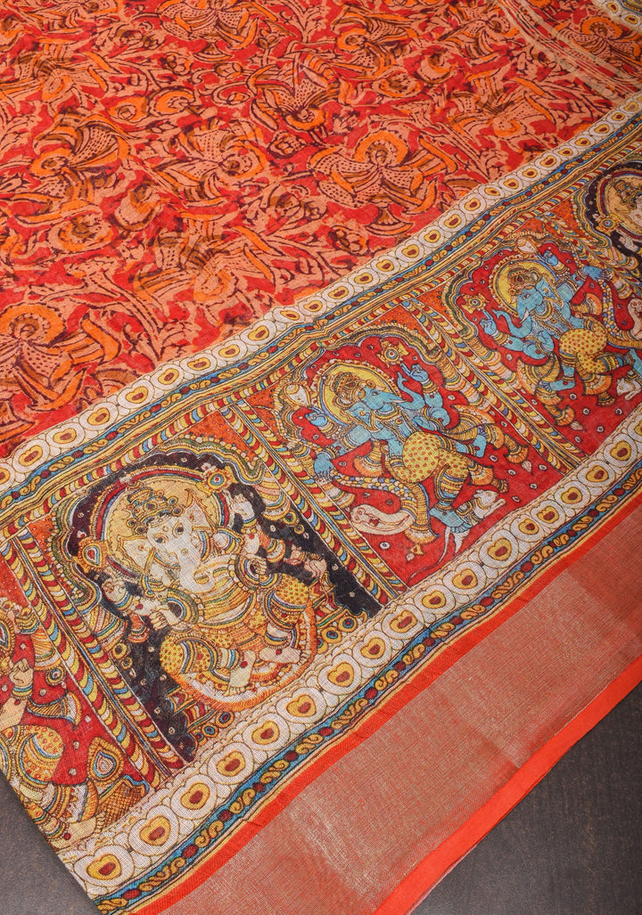 Orange Silk Linen Saree with Lord Ganesha Kalamkari Digital Print