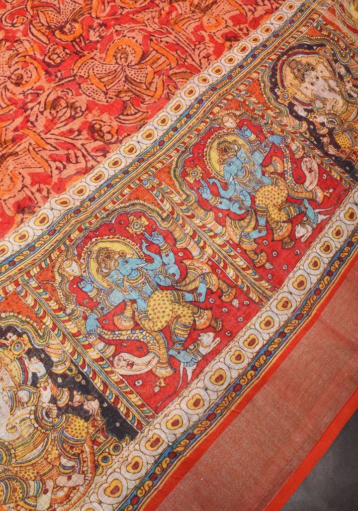 Orange Silk Linen Saree with Lord Ganesha Kalamkari Digital Print
