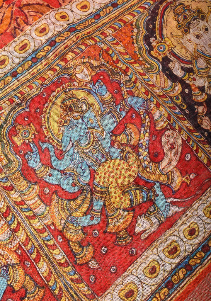 Orange Silk Linen Saree with Lord Ganesha Kalamkari Digital Print