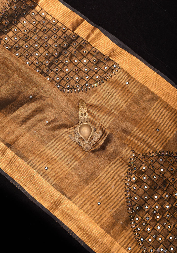 Pre 0rder Copper and Black Cutwork and Mirror Work Tissue Linen Saree with dramatic tassels