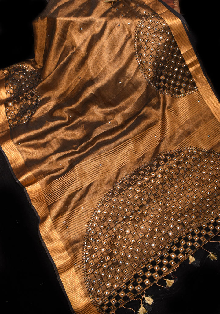 Pre 0rder Copper and Black Cutwork and Mirror Work Tissue Linen Saree with dramatic tassels