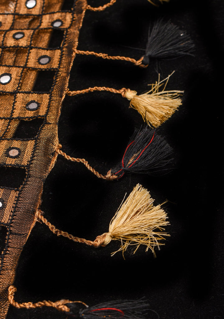 Pre 0rder Copper and Black Cutwork and Mirror Work Tissue Linen Saree with dramatic tassels