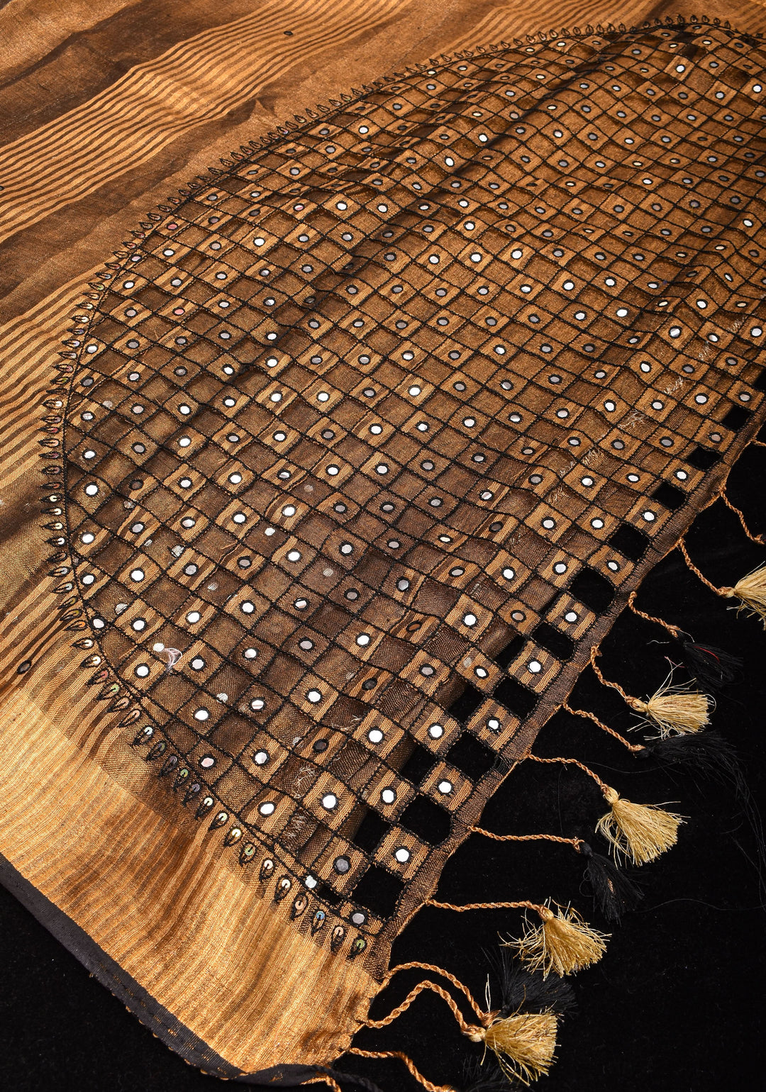 Copper and Black Cutwork and Mirror Work Tissue Linen Saree with dramatic tassels | SHOBITAM