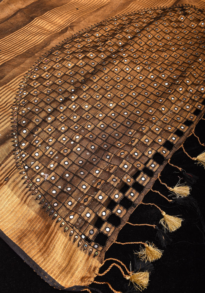 Copper and Black Cutwork and Mirror Work Tissue Linen Saree with dramatic tassels | SHOBITAM