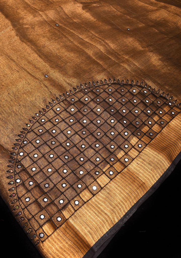 Pre 0rder Copper and Black Cutwork and Mirror Work Tissue Linen Saree with dramatic tassels