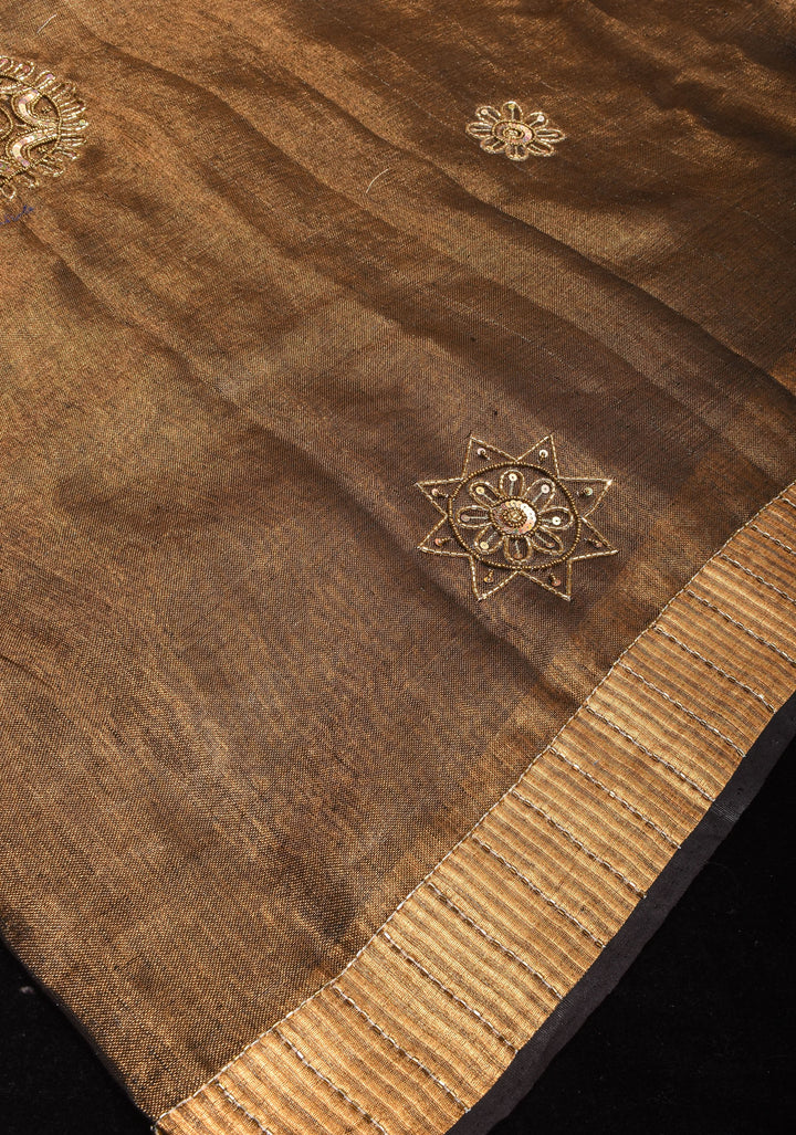Embroidery cut dana with seqins Work Tissue Linen Saree in copper black with dramatic work Pallu