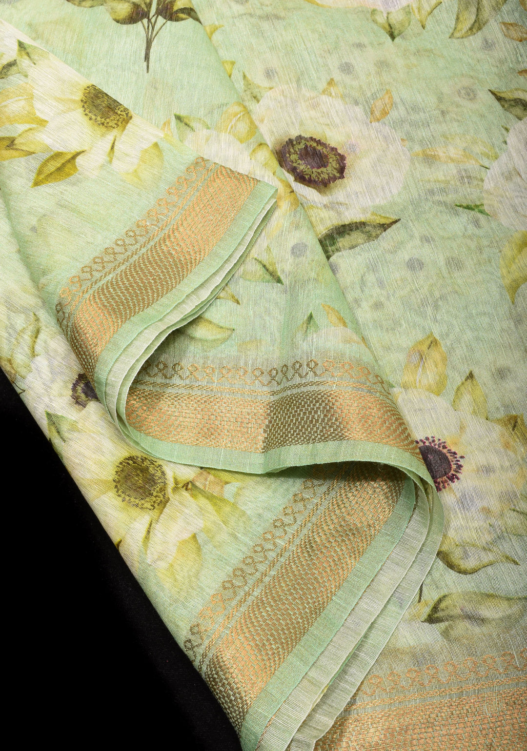 Pastel green Silk Linen Saree with Floral Digital Print