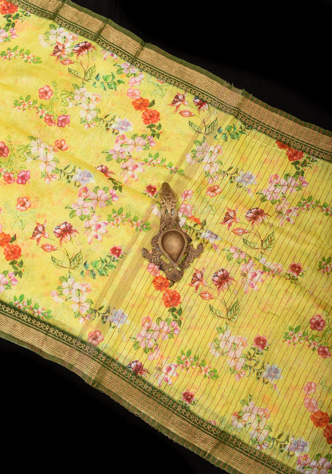 Light Yellow Silk Linen Saree with Floral Digital Print, contrasting borders with zari