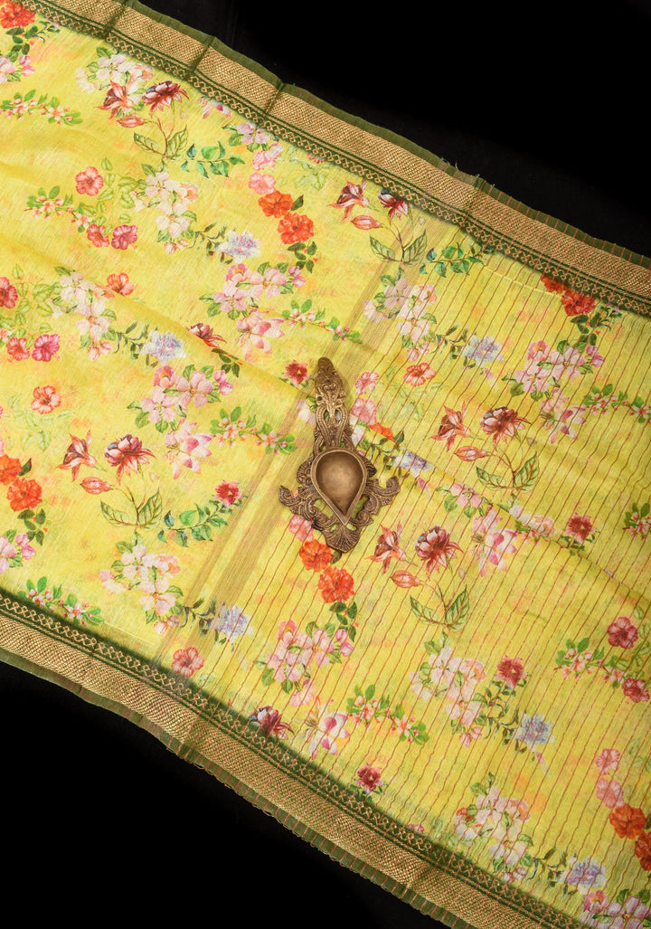 Light Yellow Silk Linen Saree with Floral Digital Print, contrasting borders with zari