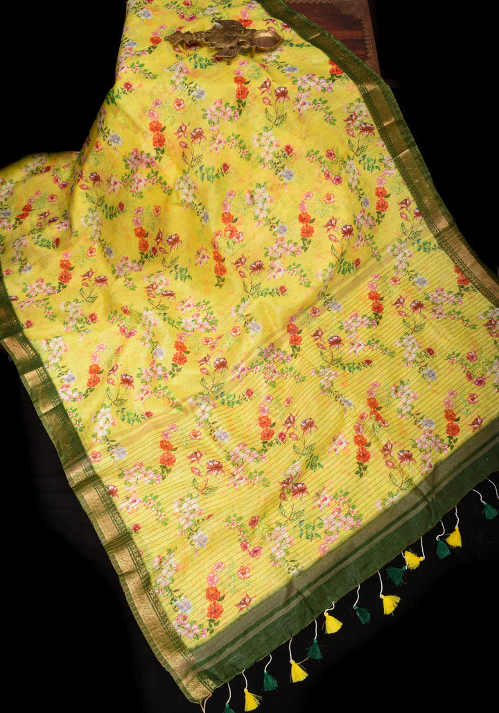 Light Yellow Silk Linen Saree with Floral Digital Print, contrasting borders with zari