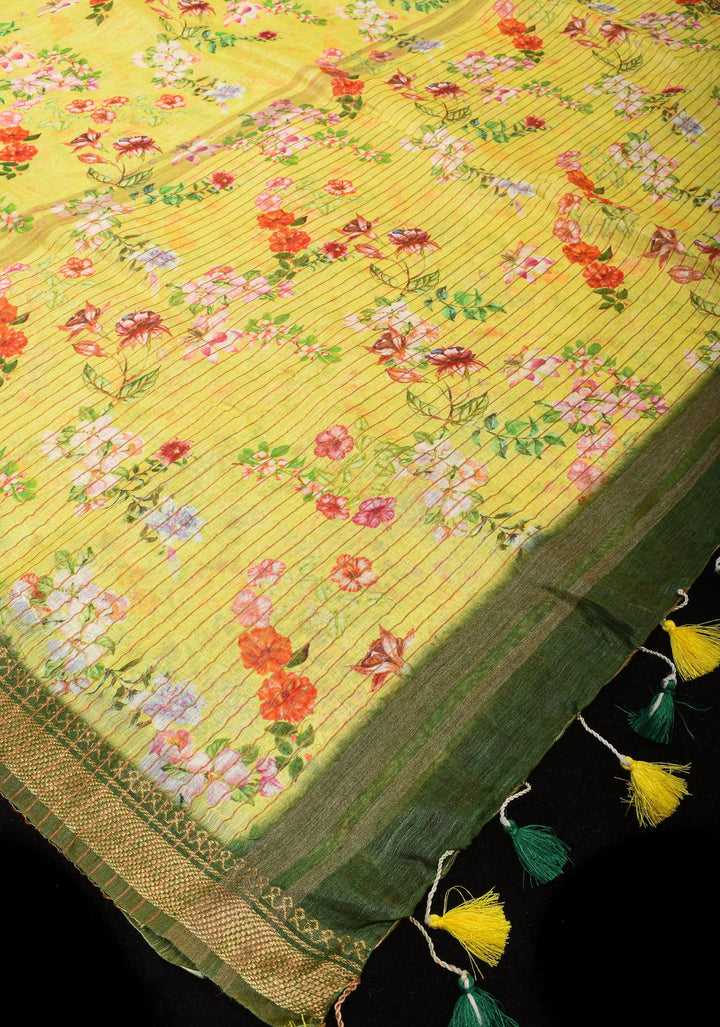 Light Yellow Silk Linen Saree with Floral Digital Print, contrasting borders with zari