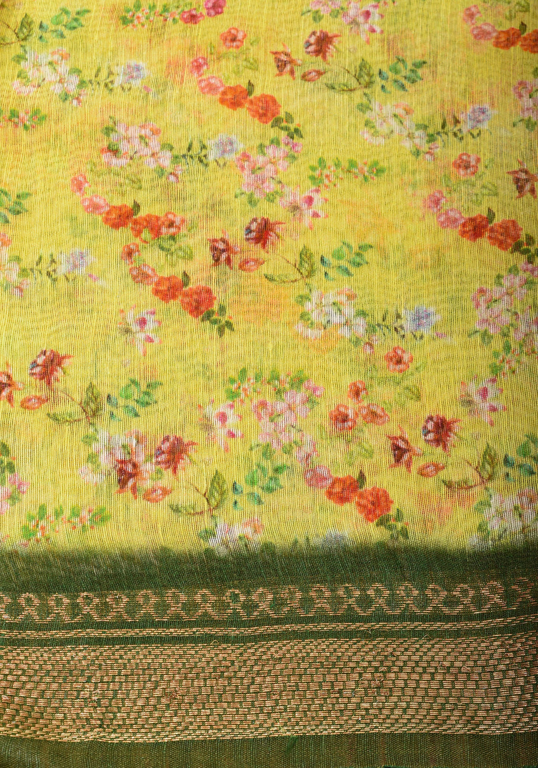 Light Yellow Silk Linen Saree with Floral Digital Print, contrasting borders with zari