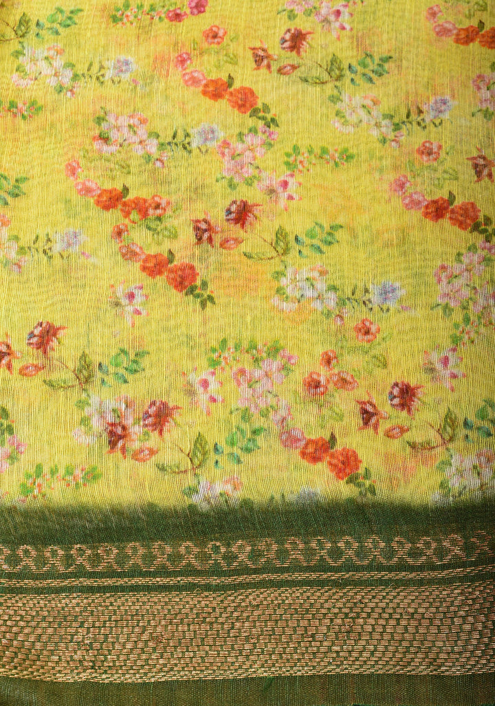 Light Yellow Silk Linen Saree with Floral Digital Print, contrasting borders with zari