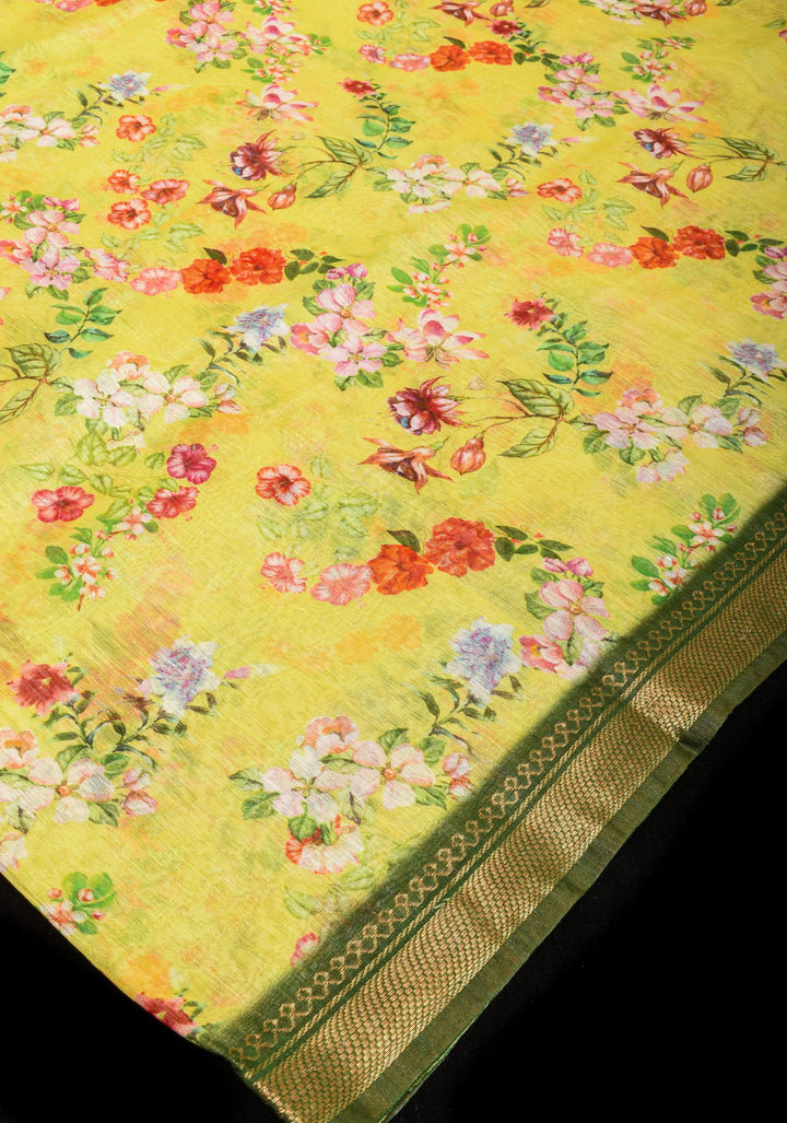 Light Yellow Silk Linen Saree with Floral Digital Print, contrasting borders with zari