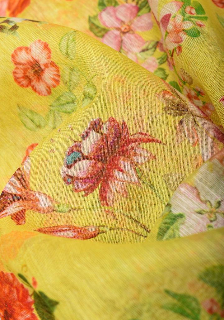 Light Yellow Silk Linen Saree with Floral Digital Print, contrasting borders with zari
