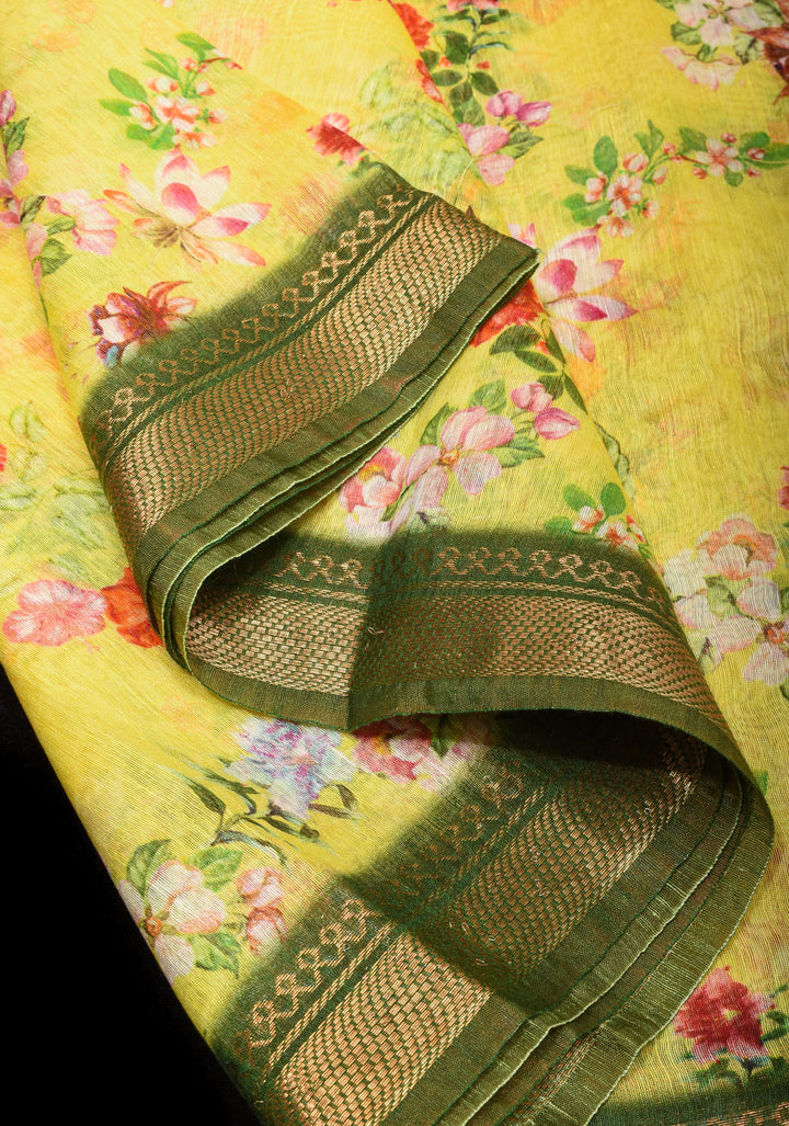 Light Yellow Silk Linen Saree with Floral Digital Print, contrasting borders with zari