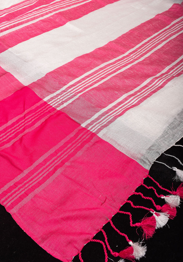 Charming White, Pink and Silver Wide Border Pure Linen by Linen Saree