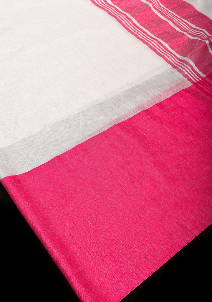 Charming White, Pink and Silver Wide Border Pure Linen by Linen Saree