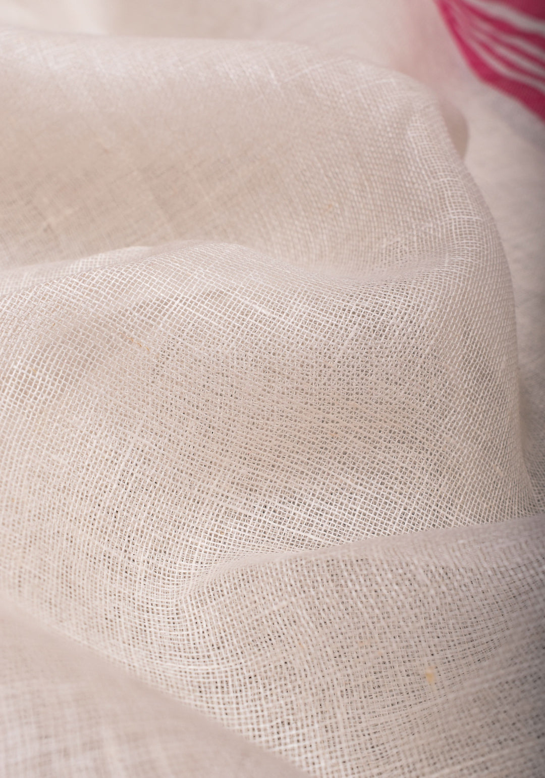 Charming White, Pink and Silver Wide Border Pure Linen by Linen Saree
