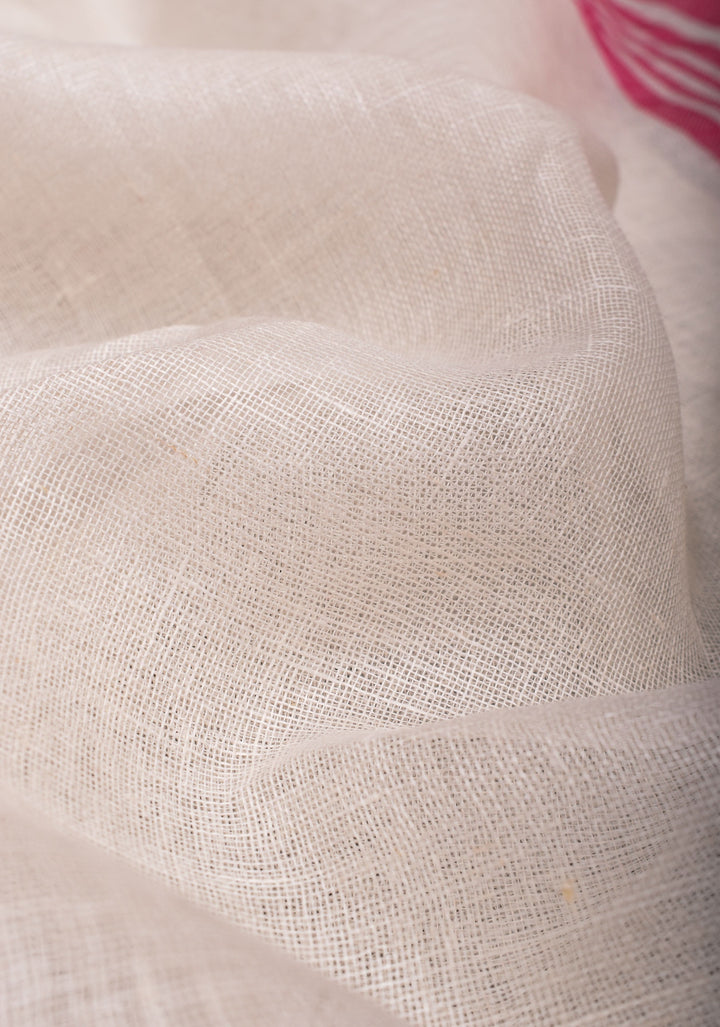 Charming White, Pink and Silver Wide Border Pure Linen by Linen Saree