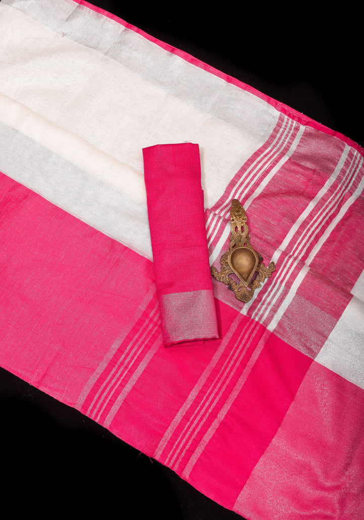 Charming White, Pink and Silver Wide Border Pure Linen by Linen Saree