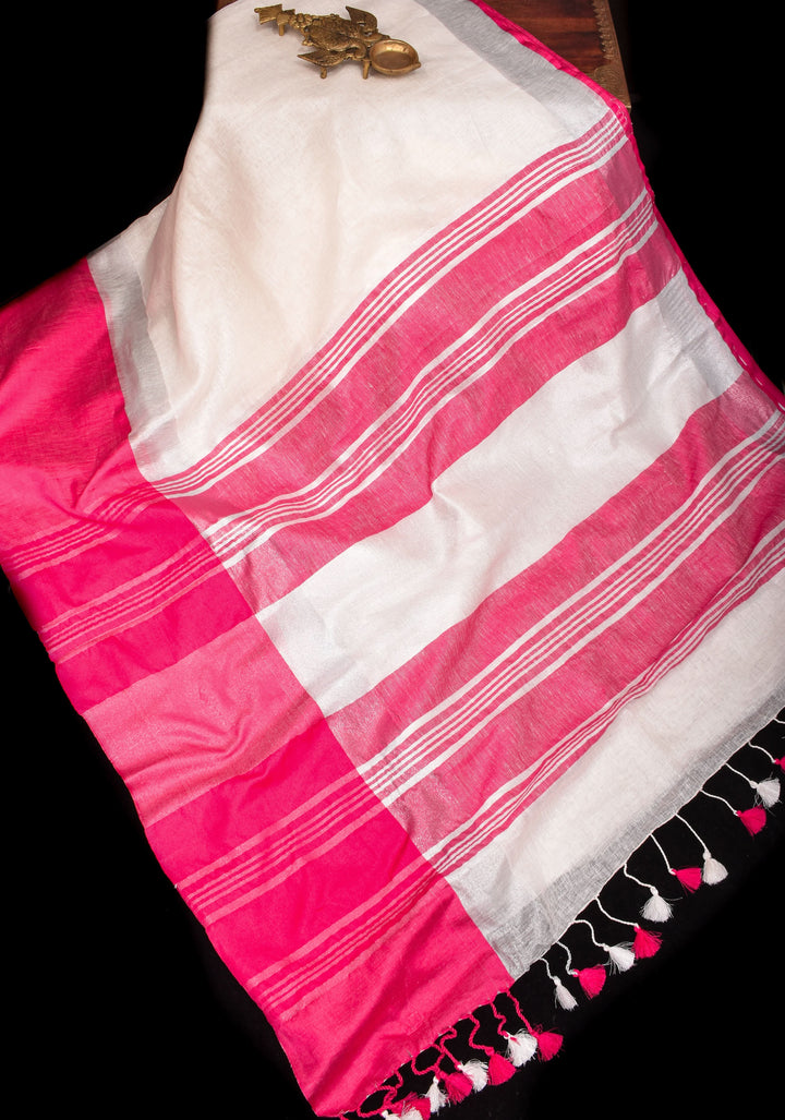 Charming White, Pink and Silver Wide Border Pure Linen by Linen Saree