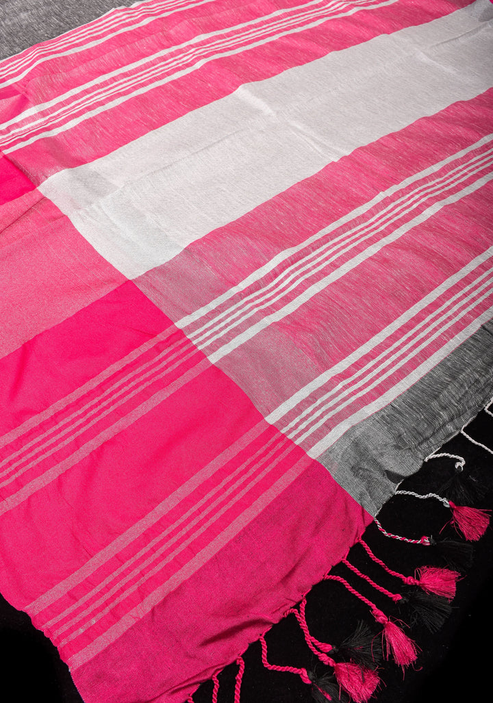 Charming Gray, Pink and Silver Wide Border Pure Linen by Linen Saree