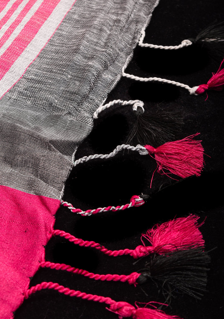 Charming Gray, Pink and Silver Wide Border Pure Linen by Linen Saree