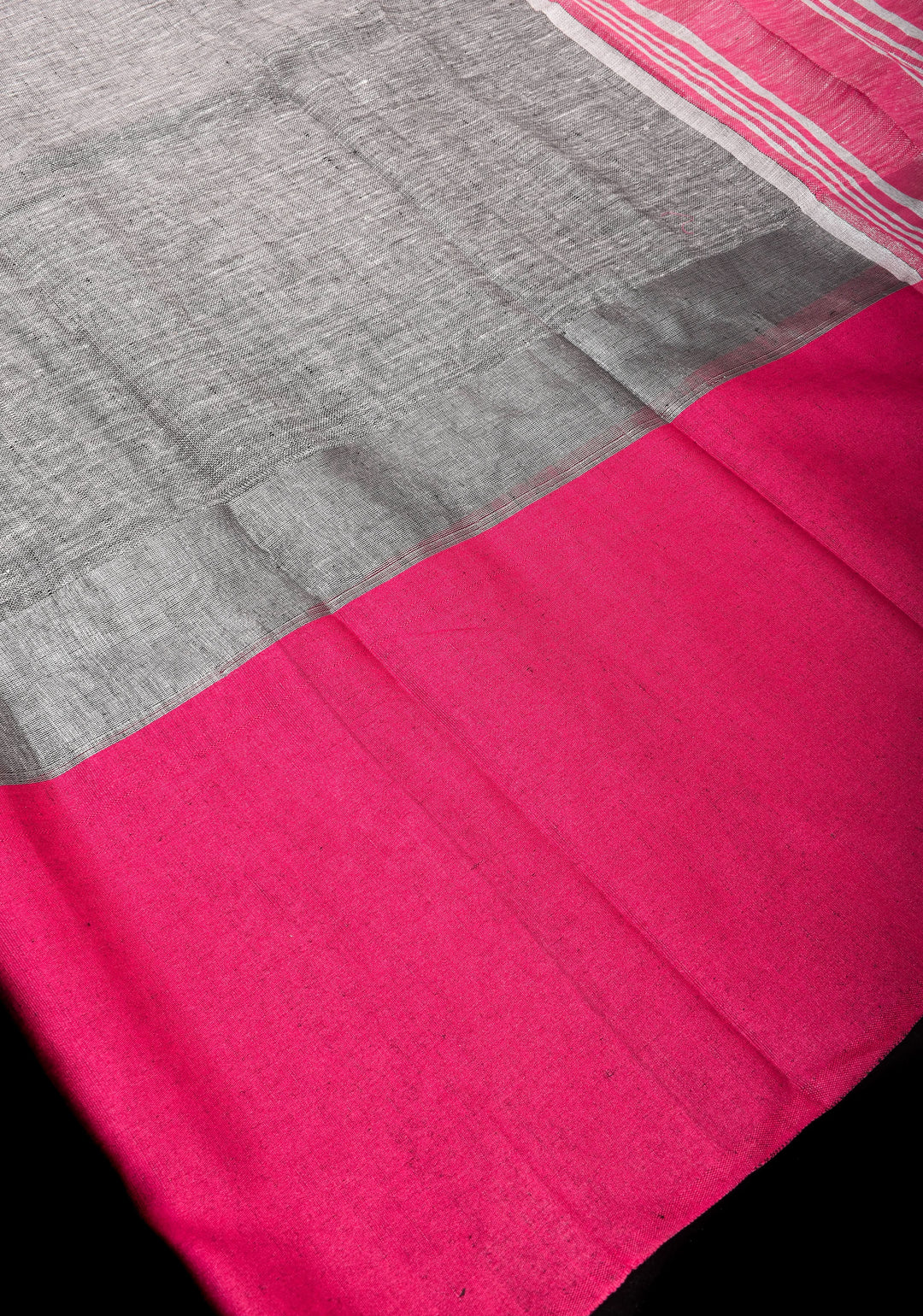 Charming Gray, Pink and Silver Wide Border Pure Linen by Linen Saree