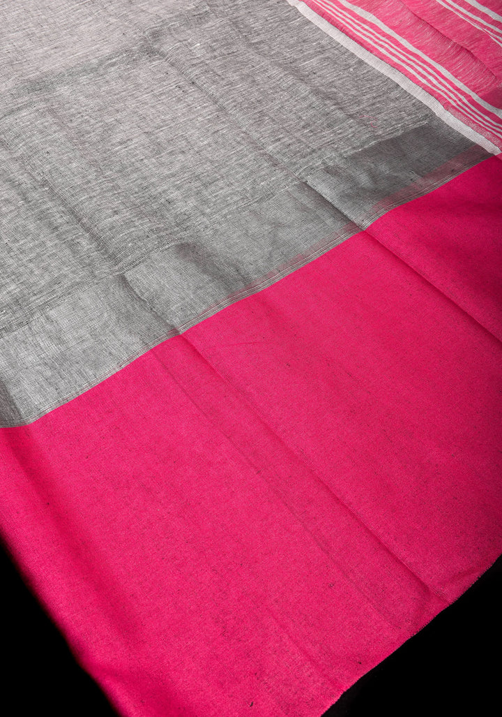 Charming Gray, Pink and Silver Wide Border Pure Linen by Linen Saree