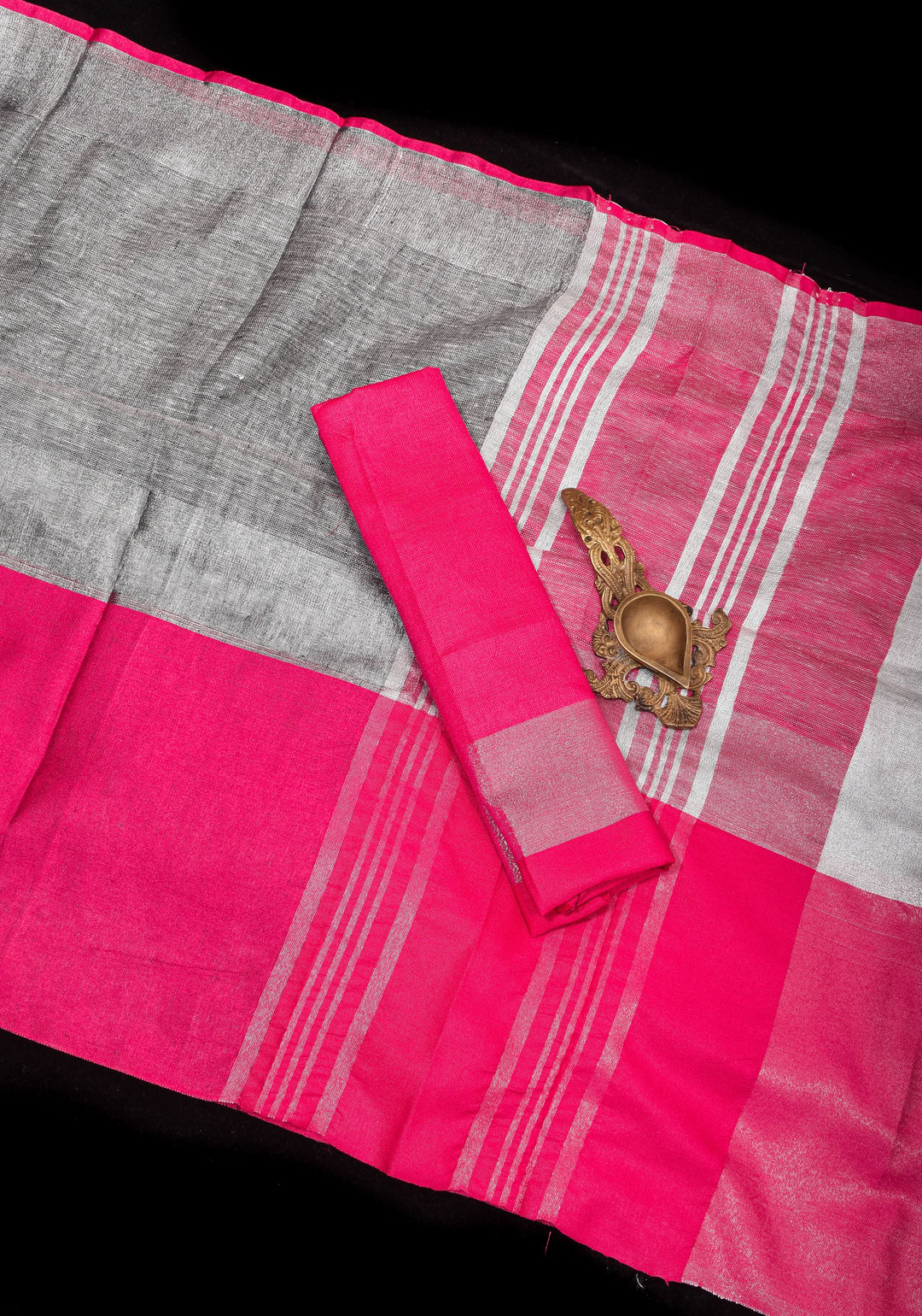 Charming Gray, Pink and Silver Wide Border Pure Linen by Linen Saree