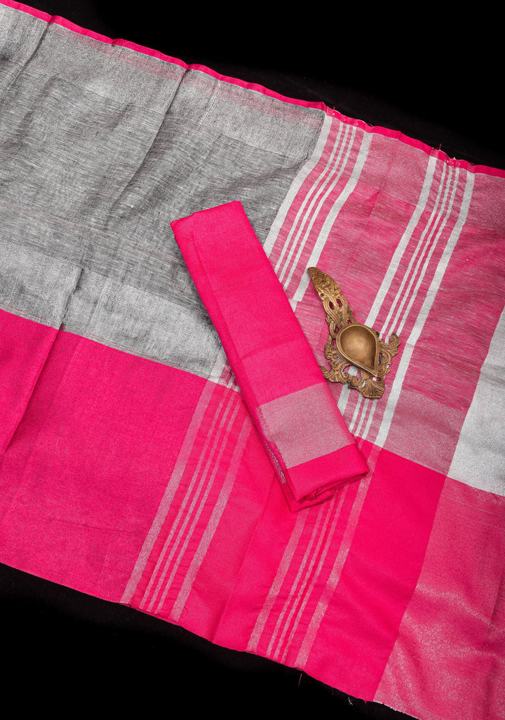 Charming Gray, Pink and Silver Wide Border Pure Linen by Linen Saree