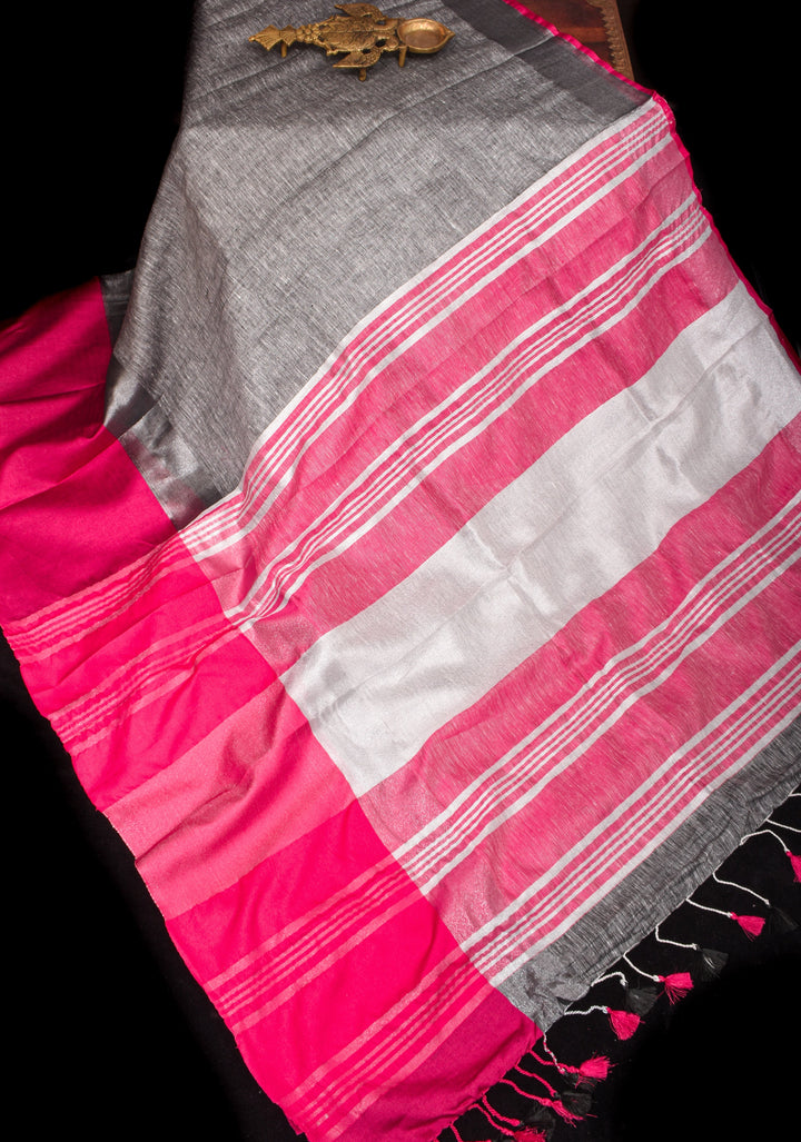 Charming Gray, Pink and Silver Wide Border Pure Linen by Linen Saree