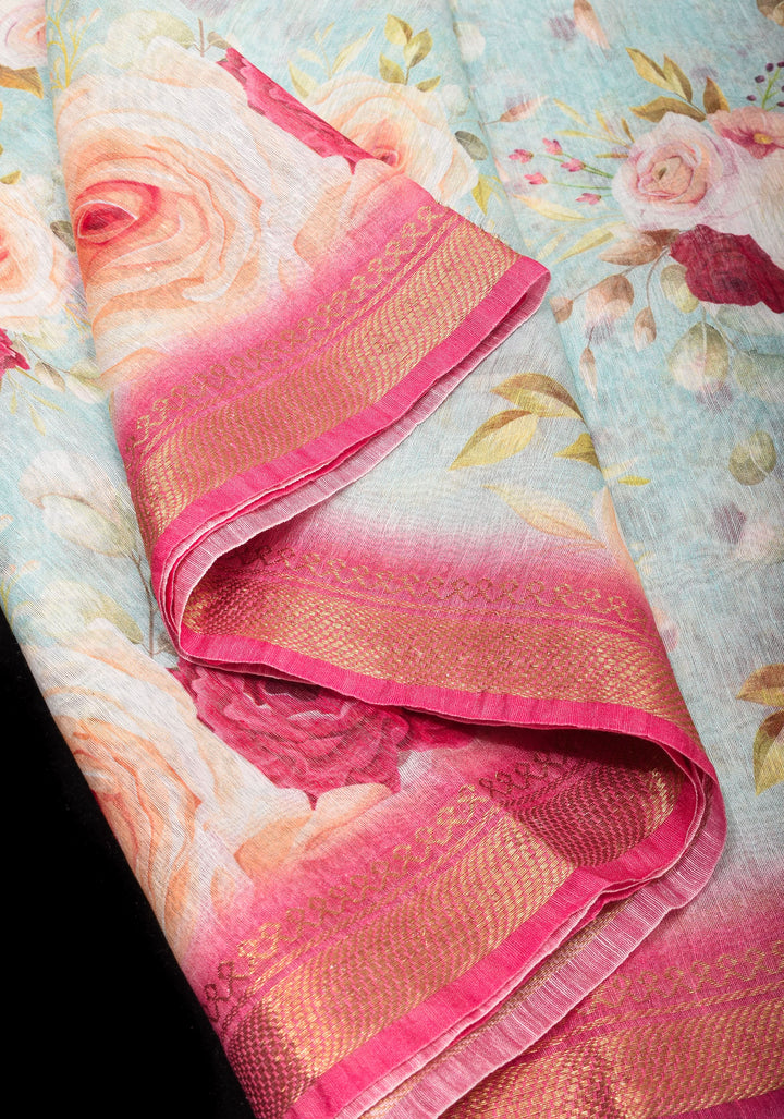 Victorian garden: Light Blue Silk Linen Saree with Rose Floral Digital print , Contrast Pink Zari Borders