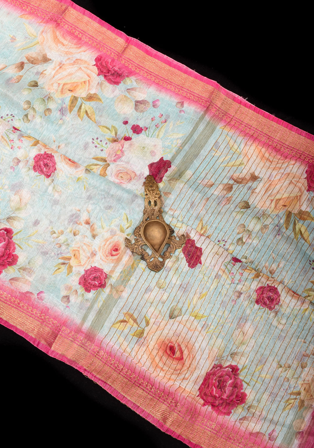 Victorian garden: Light Blue Silk Linen Saree with Rose Floral Digital print , Contrast Pink Zari Borders
