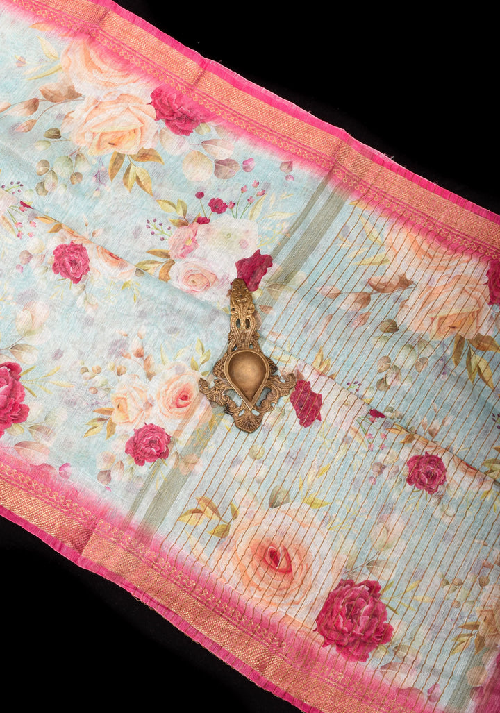 Victorian garden: Light Blue Silk Linen Saree with Rose Floral Digital print , Contrast Pink Zari Borders