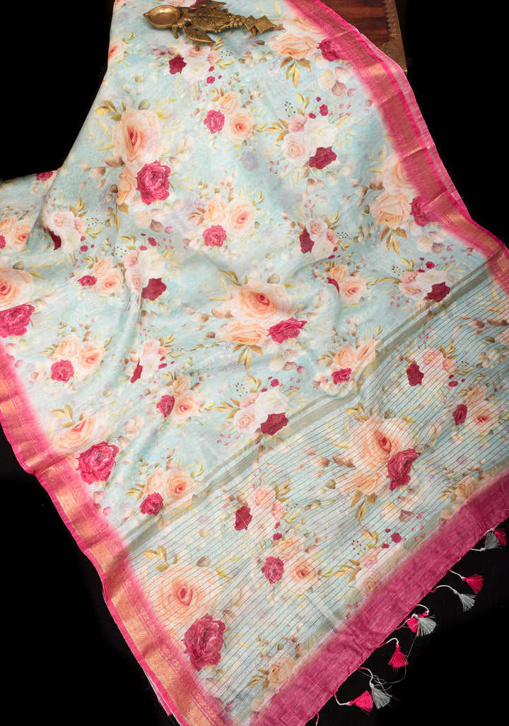 Victorian garden: Light Blue Silk Linen Saree with Rose Floral Digital print , Contrast Pink Zari Borders