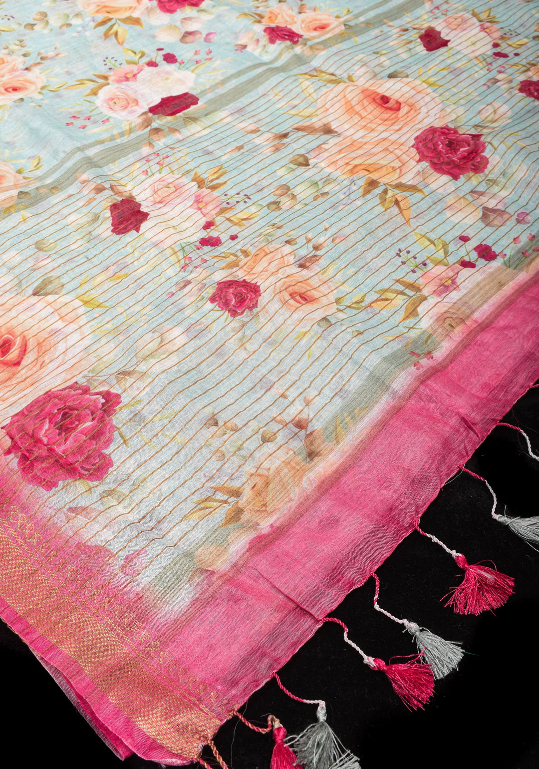Victorian garden: Light Blue Silk Linen Saree with Rose Floral Digital print , Contrast Pink Zari Borders