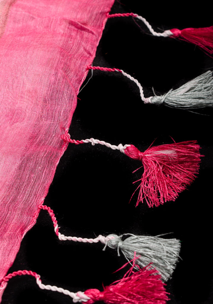 Victorian garden: Light Blue Silk Linen Saree with Rose Floral Digital print , Contrast Pink Zari Borders