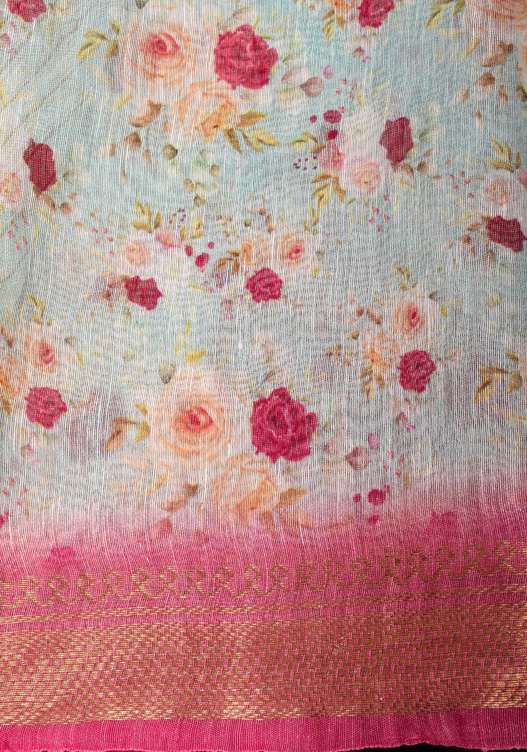 Victorian garden: Light Blue Silk Linen Saree with Rose Floral Digital print , Contrast Pink Zari Borders