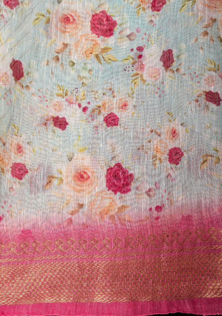 Victorian garden: Light Blue Silk Linen Saree with Rose Floral Digital print , Contrast Pink Zari Borders